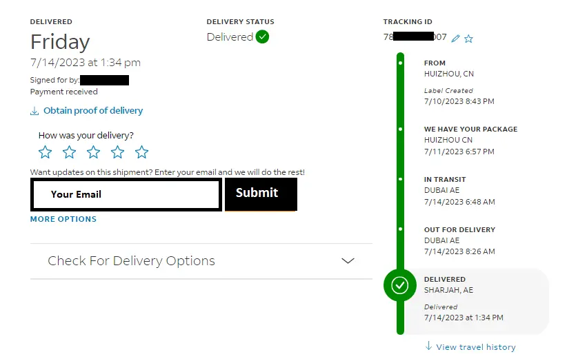 Tracking Status with tracking number