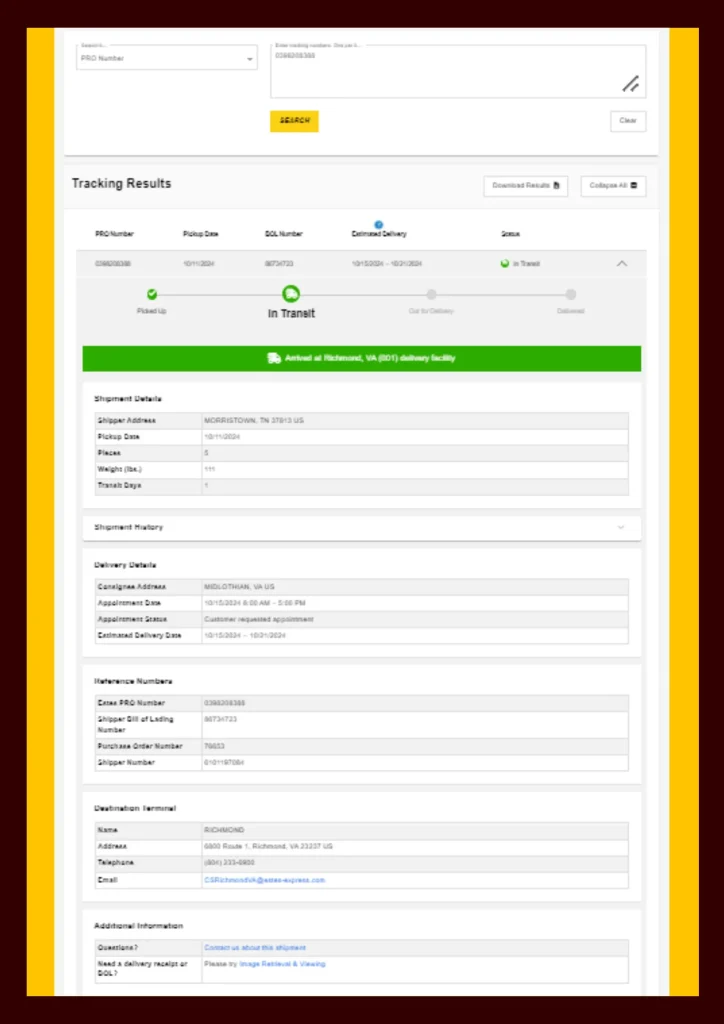 estes freight tracking statuses